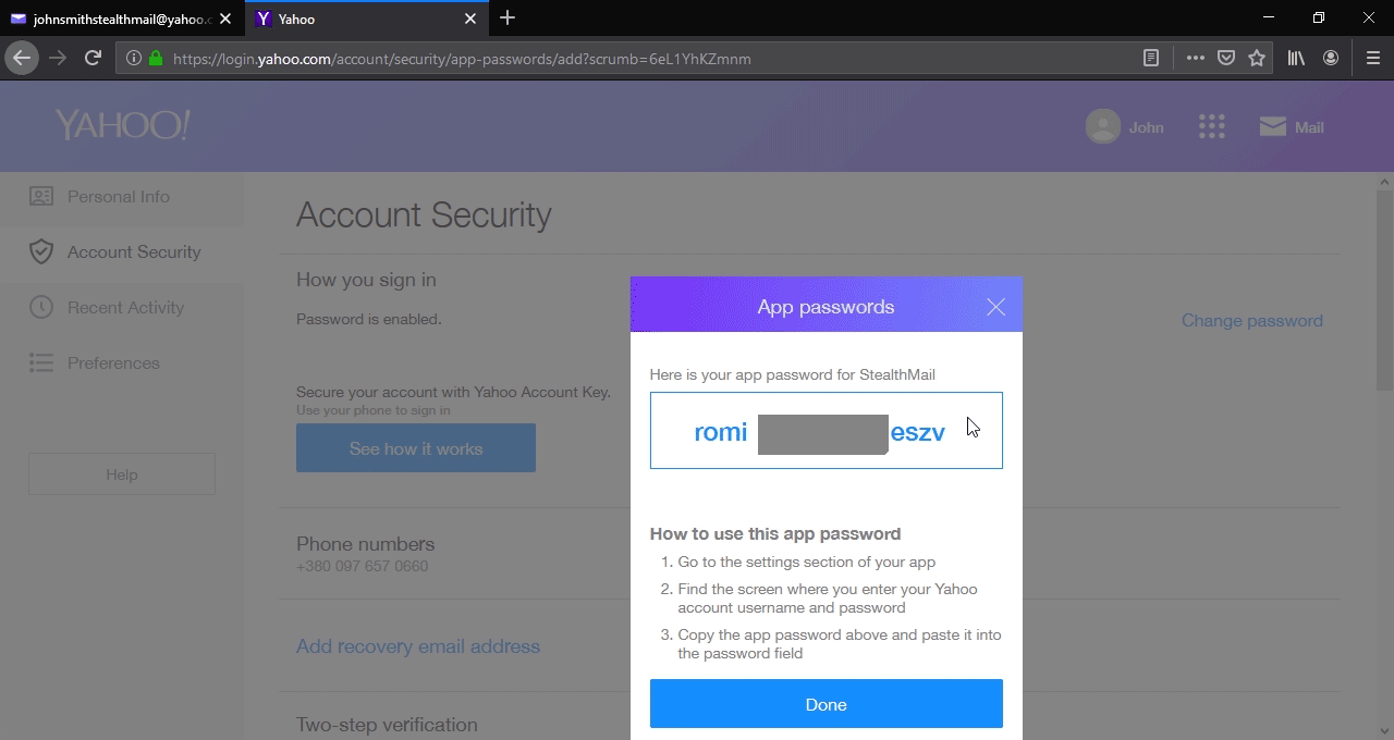 Adding Yahoo email account using IMAP /SMTP